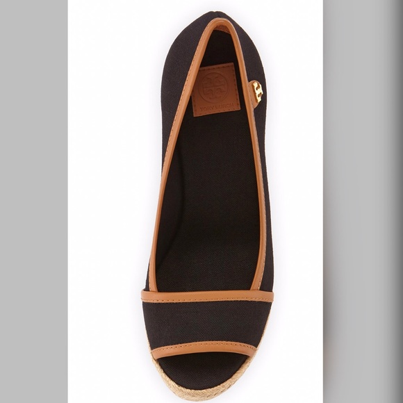 Tory Burch Majorca Peep-Toe Canvas Wedge Black/Tan - Picture 3 of 4